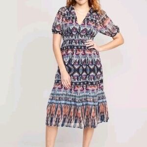 Old Navy Aztec Pattern Navy Boho Festival Smocked Waist Sheer Sleeve Plus Dress